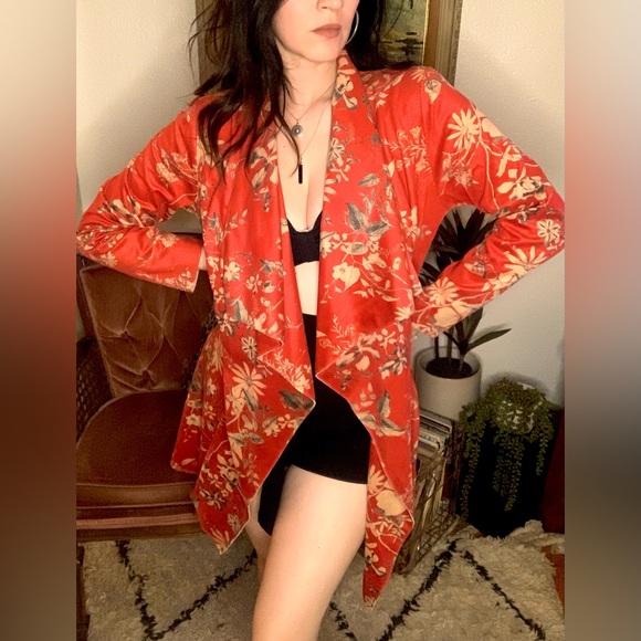 Solitaire Jackets & Blazers - Solitaire Red Floral Faux Suede Kimono
